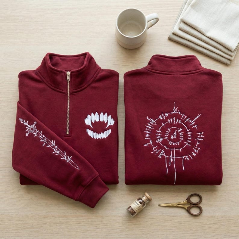 Astarion Tattoo Embroidered Quarter Zip Sweatshirt, Baldur’s Gate Inspired Gamer Pullover, RPG Video Game Fan Gift