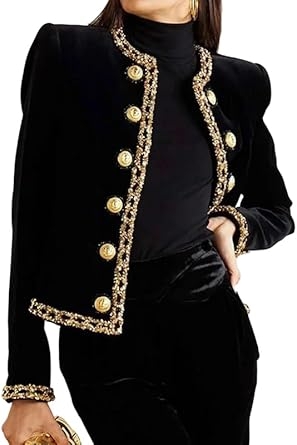 Women's Cropped Velvet Collarless Blazers Jackets Double Breasted Slim Long Sleeves Dressy Coats Elegant