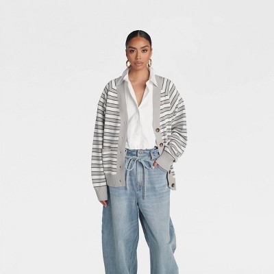 KBB by KAHLANA Women's 'The Grandpa Cardi Sweater' - Gray Striped 4X