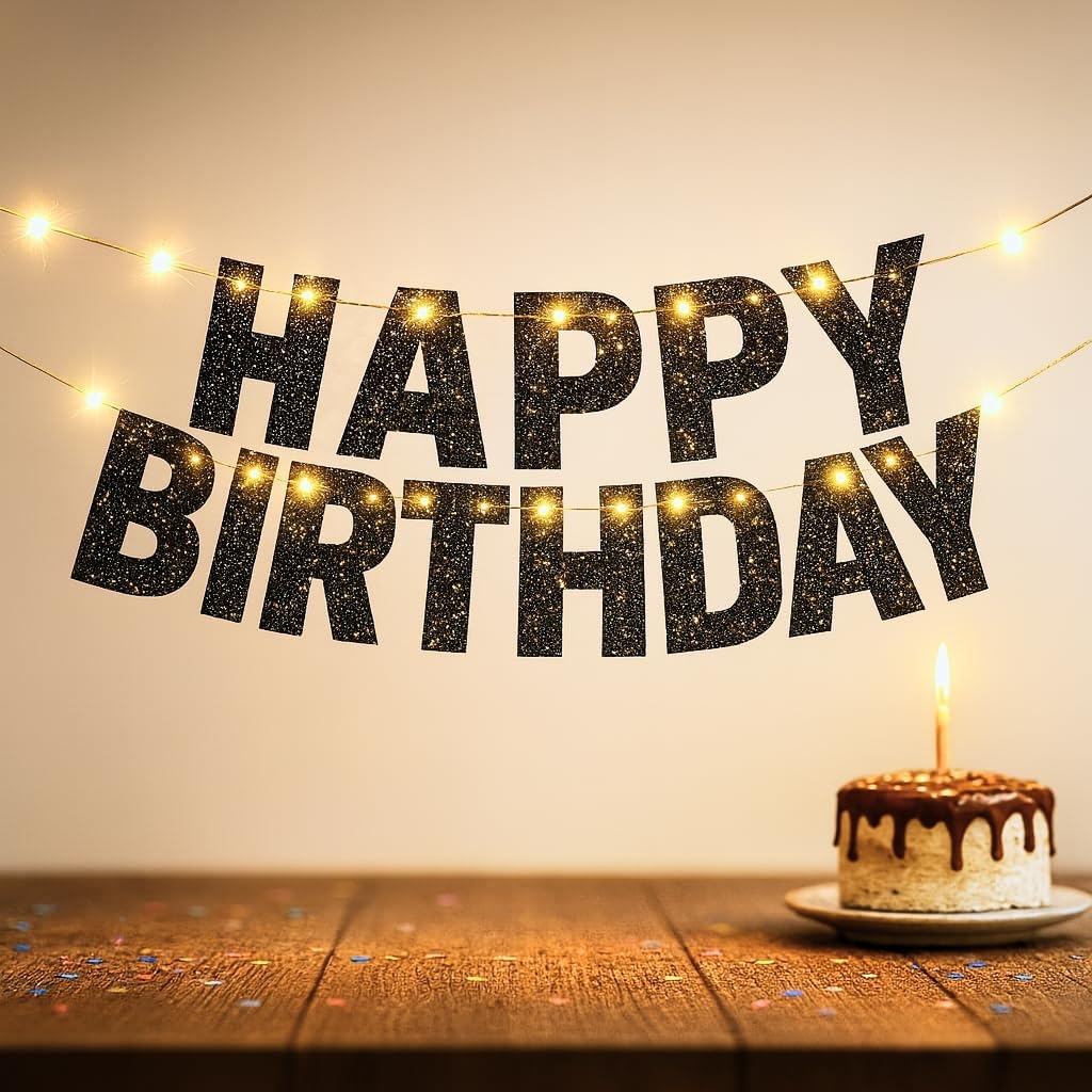 KatchOn, Glitter Black Happy Birthday Banner Light Up - Prestrung, 10 Feet | Light Up Happy Birthday Sign | Happy Birthday Decorations for Men, Women, Boys, Girls | Birthday Party Decorations