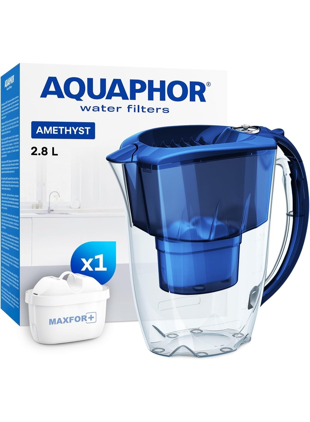 Amethyst MFP+ Water Filter Jug, 2.8L Capacity, Slider Lid And Compact Design, Reduces Chlorine, Rust, Heavy Metals, Odorless And Tasty Water, Fridge-Friendly, BPA-Free, Water Purifier Jug For Daily Use (Cobalt Blue)
