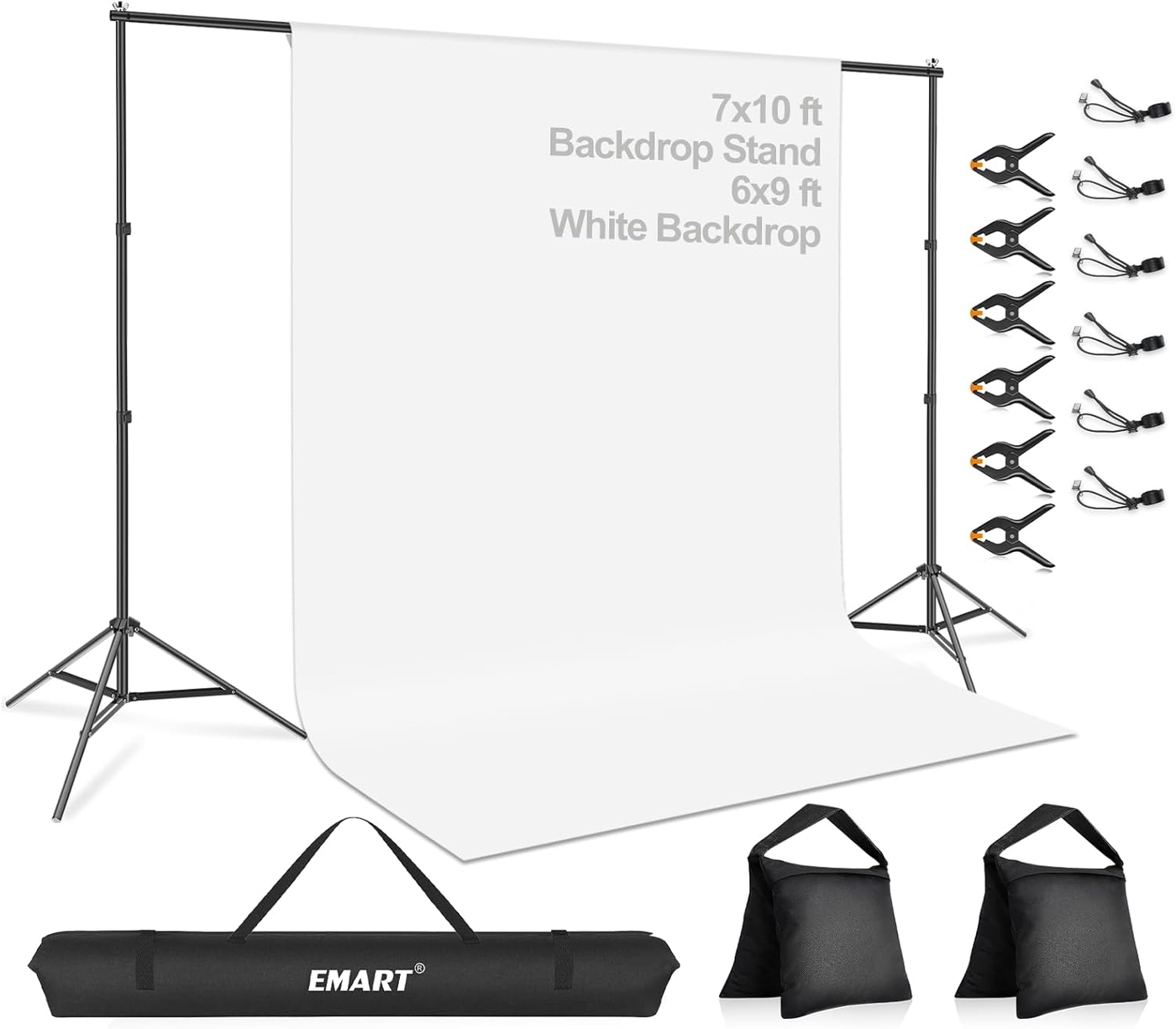EMART Portable Photography Backdrop Stand Kit 7 x 10 ft with 6 x 9 ft White Backdrop, Adjustable Background Support System for Photo Video Studio, Photoshoot, Party, Live Game, Interviews