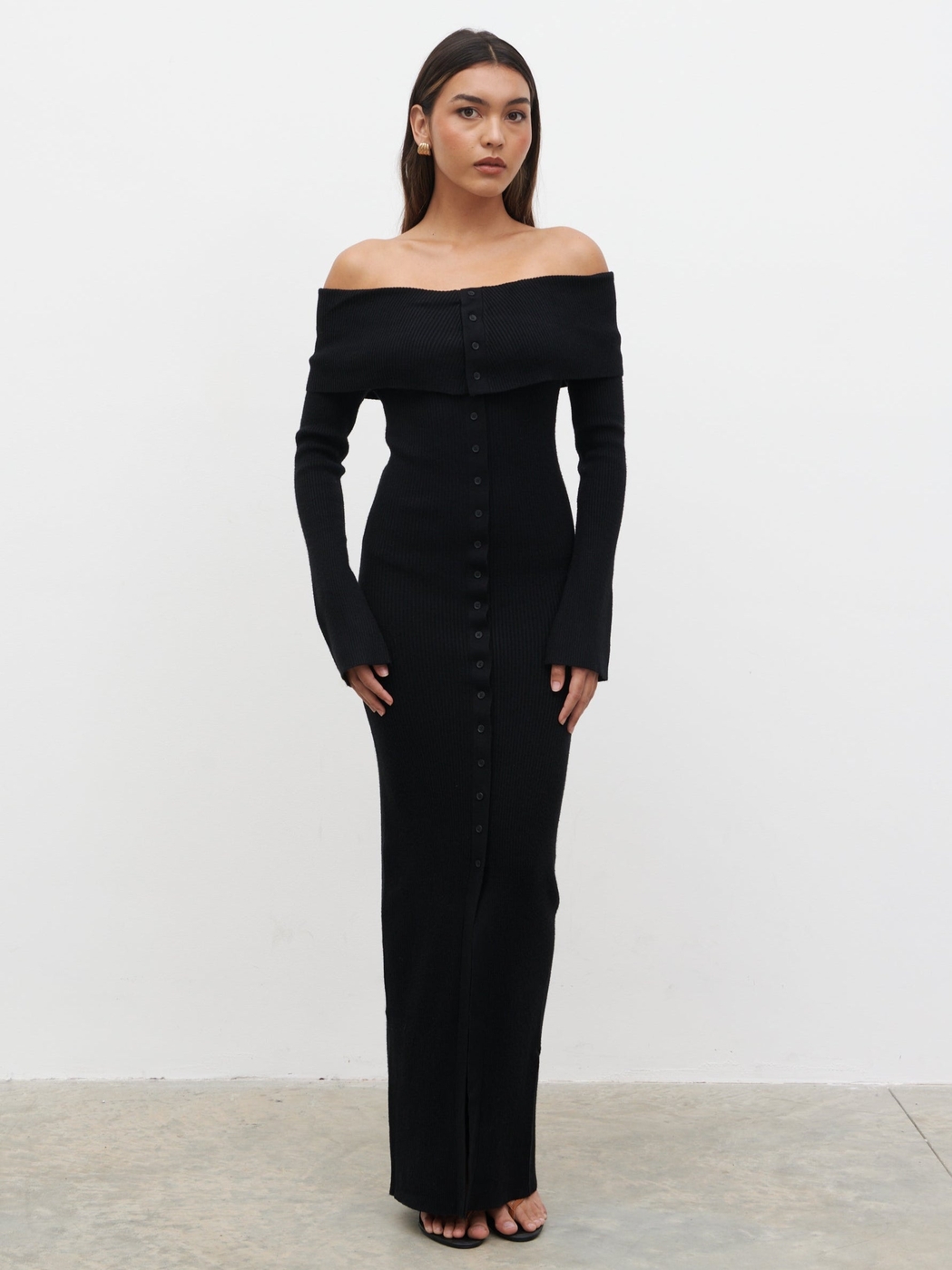 Elora Bardot Knit Maxi Dress - Black