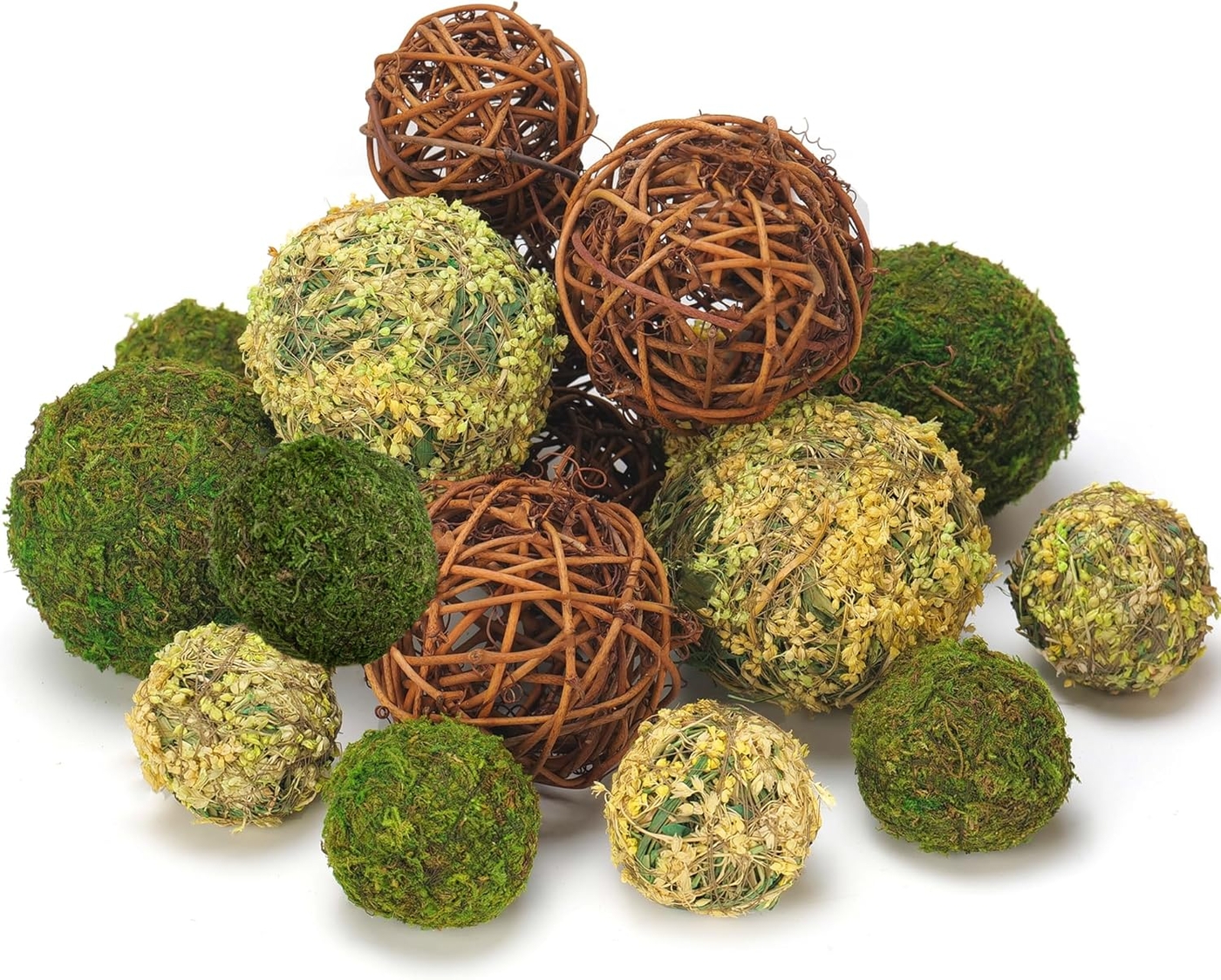 Decorative Balls for Centerpiece Bowls, 18pcs Fake Moss Balls + Wicker Rattan Balls Set Vase Bowl Filler for Home Garden Wedding Party Decor (Fresh Green + Rustic Brown)