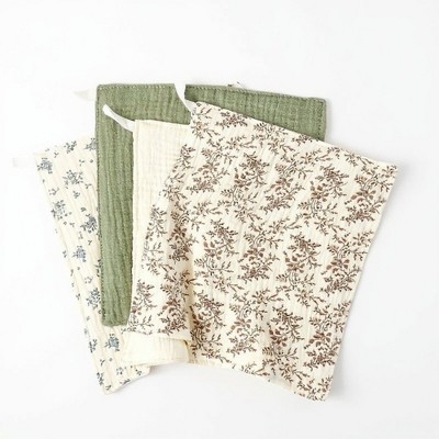 Alilang Soft Cotton Textured Kitchen Cleaning Cloths Hanging Dish Towels Floral and Solid Mix 4 Pack - Brown