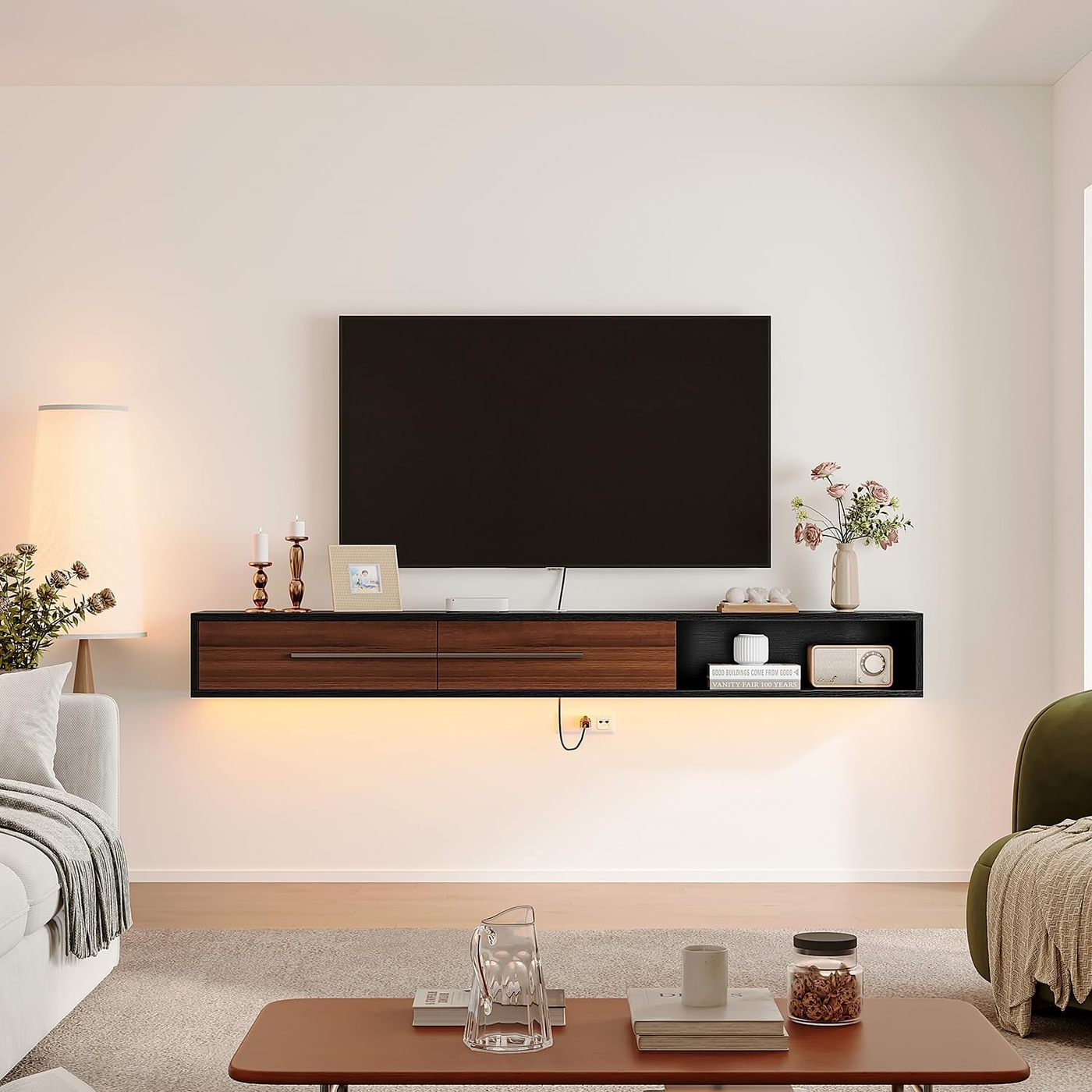 FurniNova 47 inch Floating TV Stand, Plywood Wall Mounted Media Console with 2 Doors, Modern Fireplace Mantel Shelf Slim Entertainment Center for Living Room & Bedroom, Walnut & Black