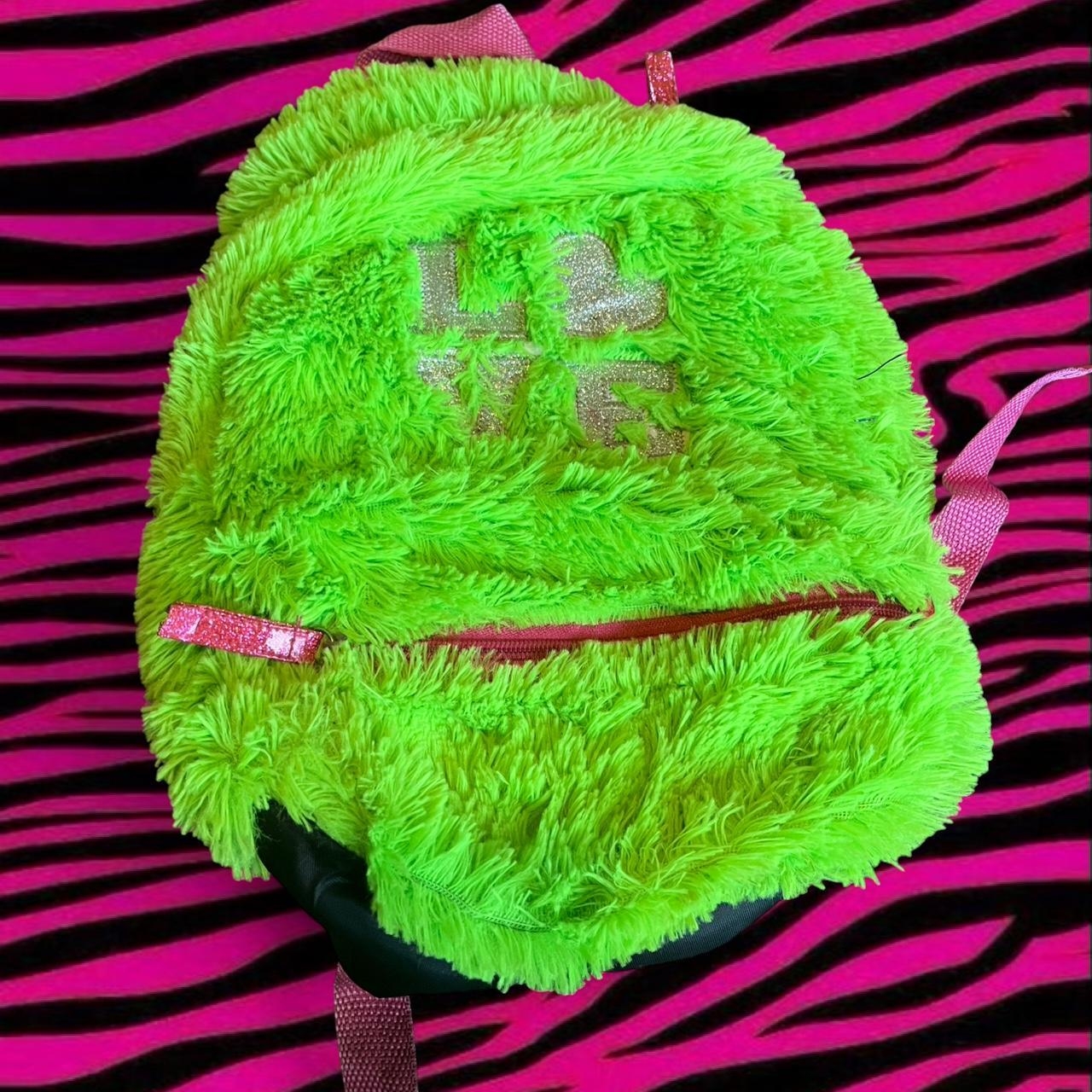 Neon green fur mini backpack with pink accents #rave...