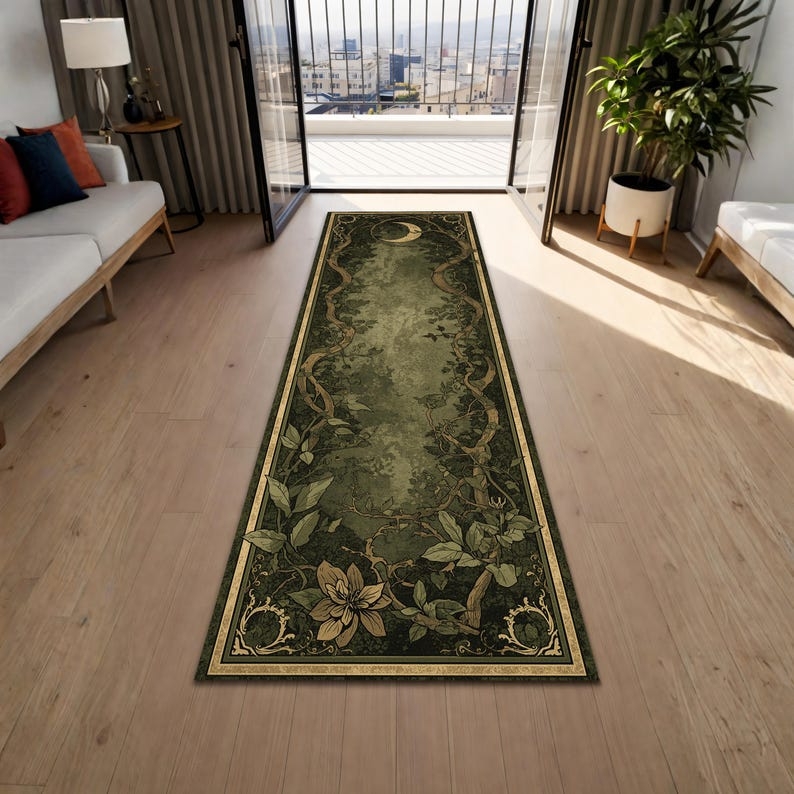 Crescent Moon Botanical Runner Rug, Dark Green Art Nouveau Vine Hallway Carpet, Long Kitchen Entryway Corridor Floor Mat Decor for Home