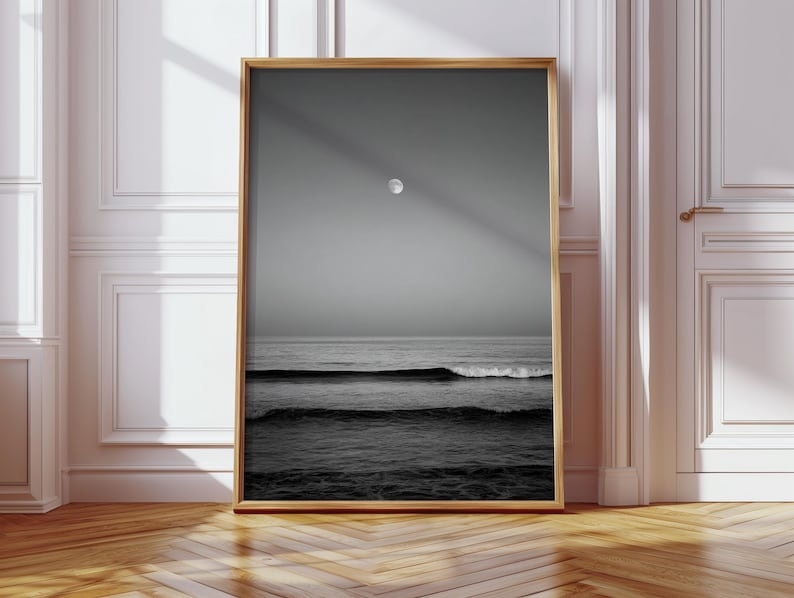 Black and White Ocean Moon Print, Minimalist Seascape Wall Art with Full Moon and Waves, Coastal Photography for Modern Home Decor