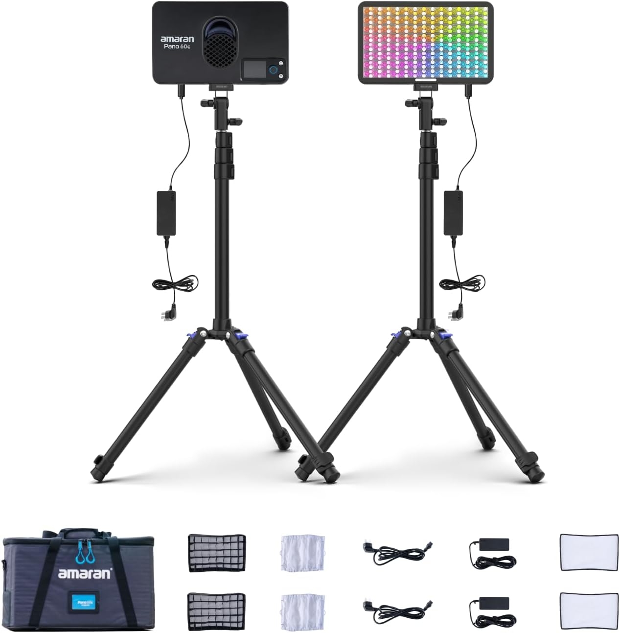 amaran Pano 60c 2-Light Kit Panel Lights,60W RGBWW Full Color LED Video Studio Light,2300~10000K Dimmable Photography Lighting Kit w/Light Stand for Video Recording,Game Streaming (Charcoal)