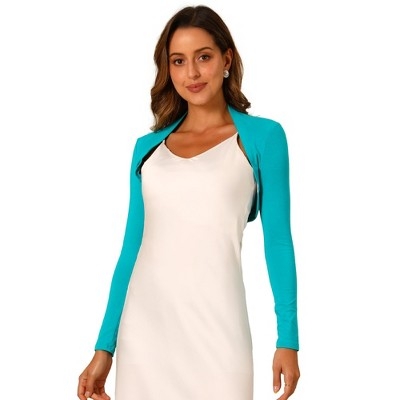 INSPIRE CHIC Women's Elegant Long Sleeve Knit Open Front Crop Bolero Shrug Large Blue Green