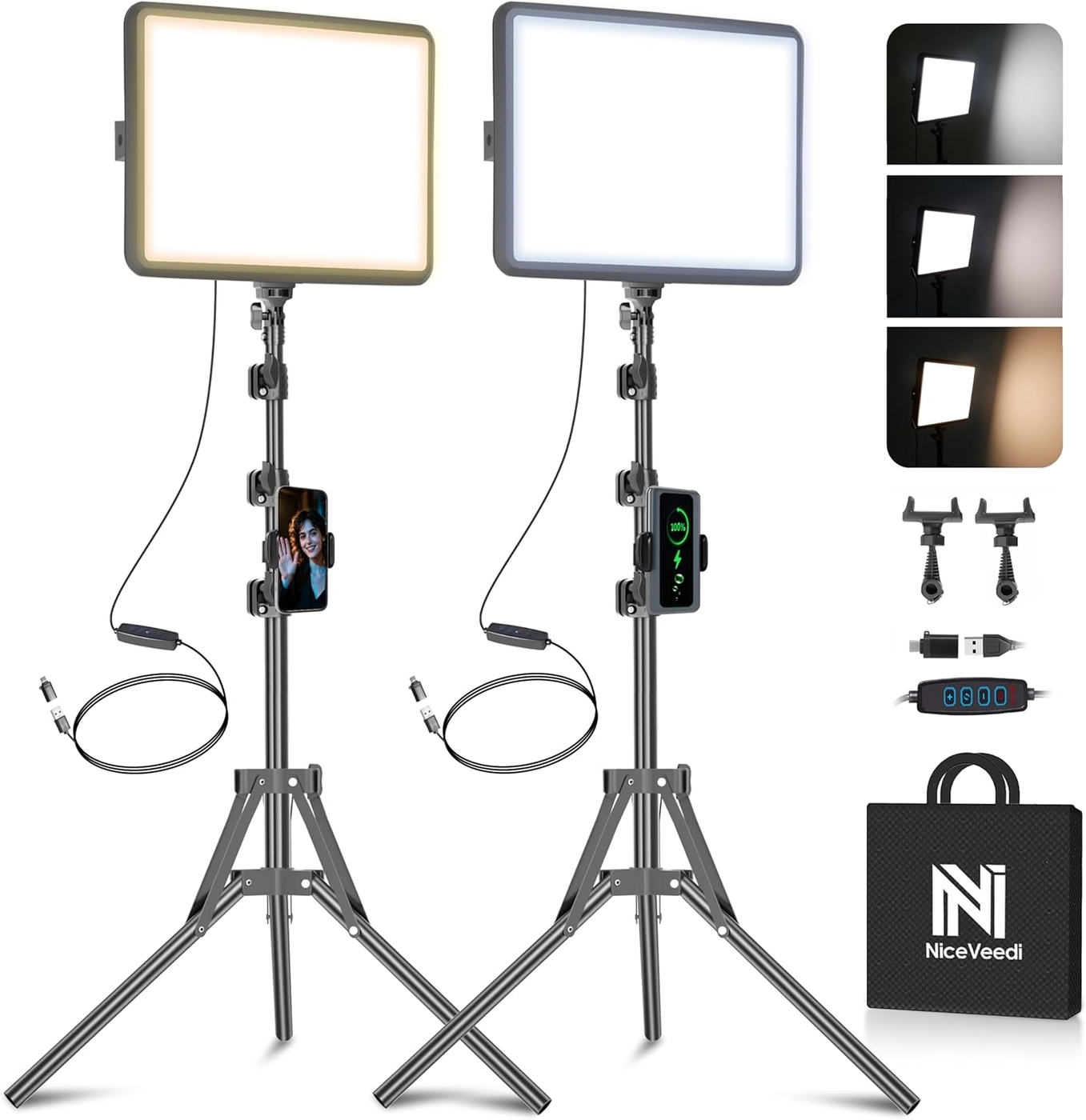 2-Pack LED Video Light Kit, NiceVeedi Studio Light, 2800-6500K Dimmable Photography Lighting Kit with Tripod Stand&Phone Holder, 73