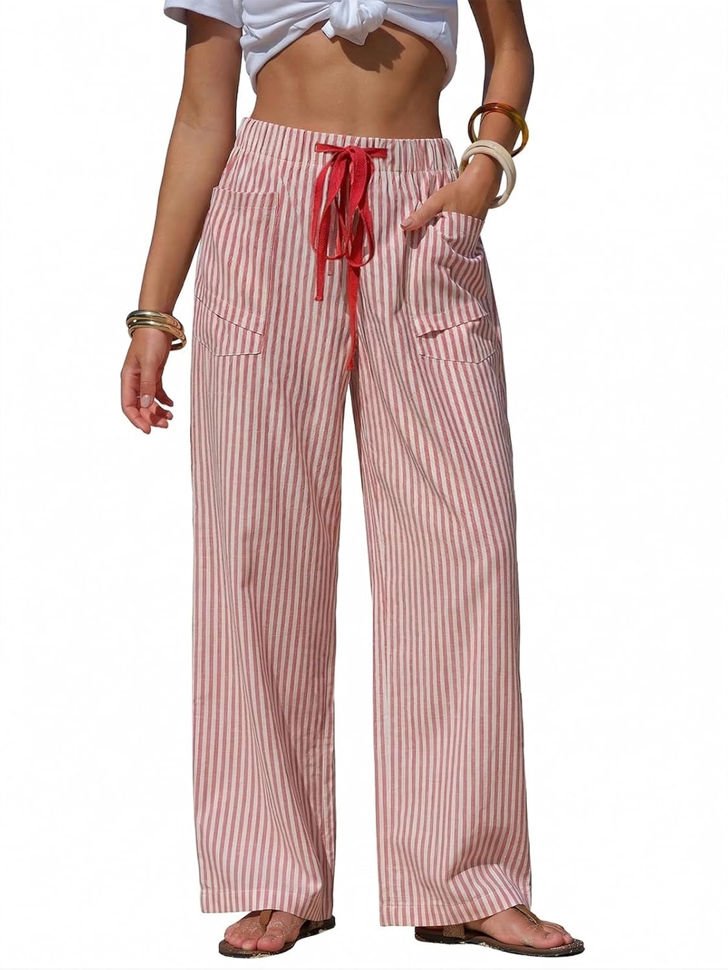 EXLURA Womens Summer Striped Pants Faux Linen Comfy Drawstring Wide Leg Pants Pockets Resort Beach Vacation Lounge Trousers
