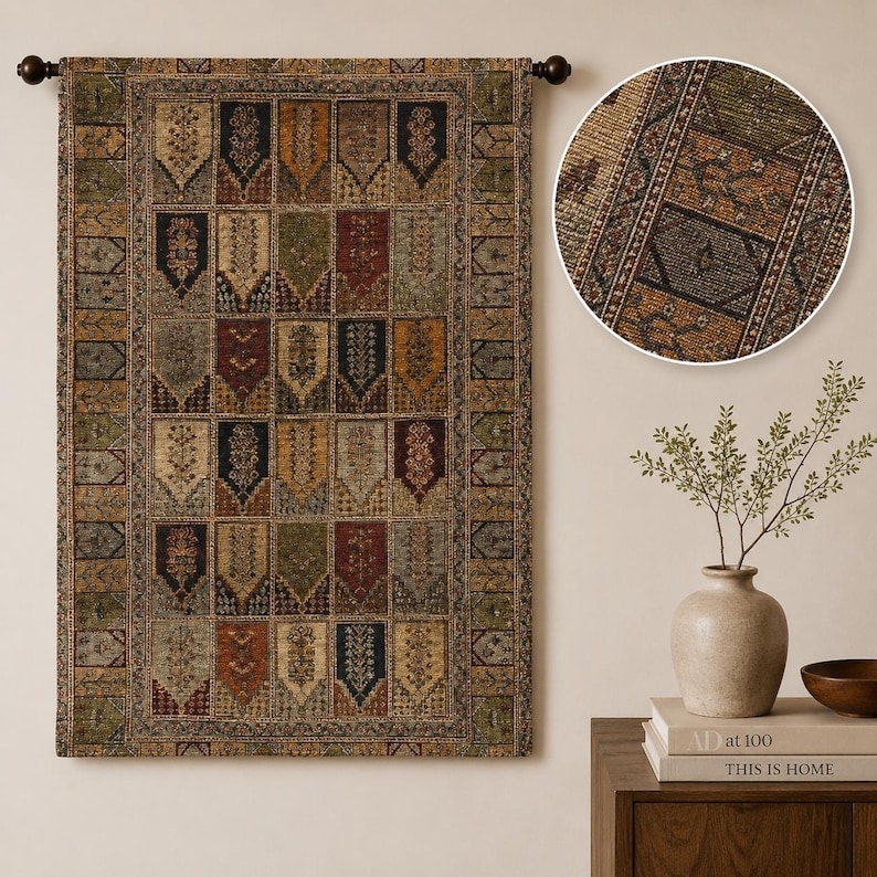 Persian Panel Tapestry Wall Hanging Turkish Rug Inspired Design Boho Home Decor Style Prayer Rug Inspired Traditional Moroccan Design Art