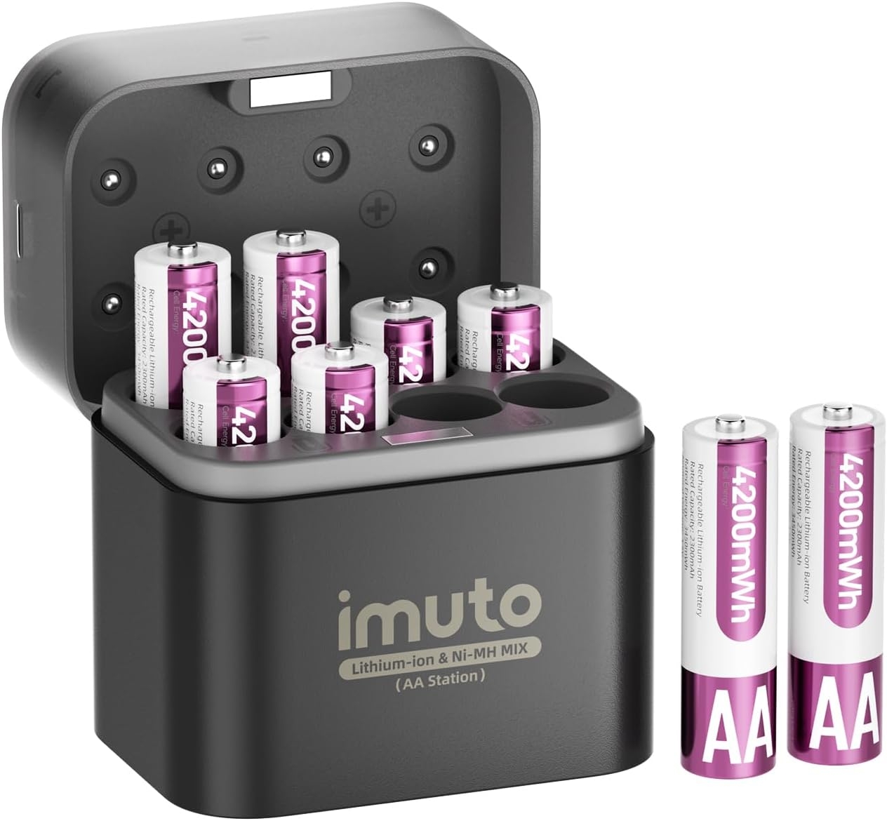 imuto 4200mWh Rechargeable AA Lithium Batteries 8-Pack with 8-Slot Charging Case, 1.5V Output, 1600 Cycles, CBPI Tech, Li-ion & Ni-MH Compatible Charger for Game Controllers, Smart Locks, Cameras