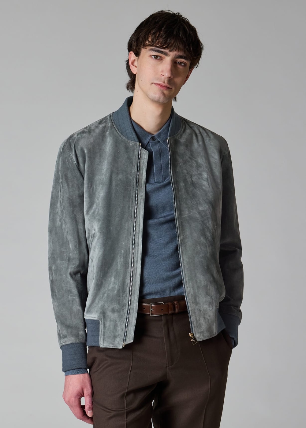 Steel Blue Suede Bomber Jacket