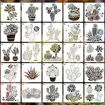 25 Pcs Cactus Stencils for Painting, Succulent Planter Designs 6 Inch