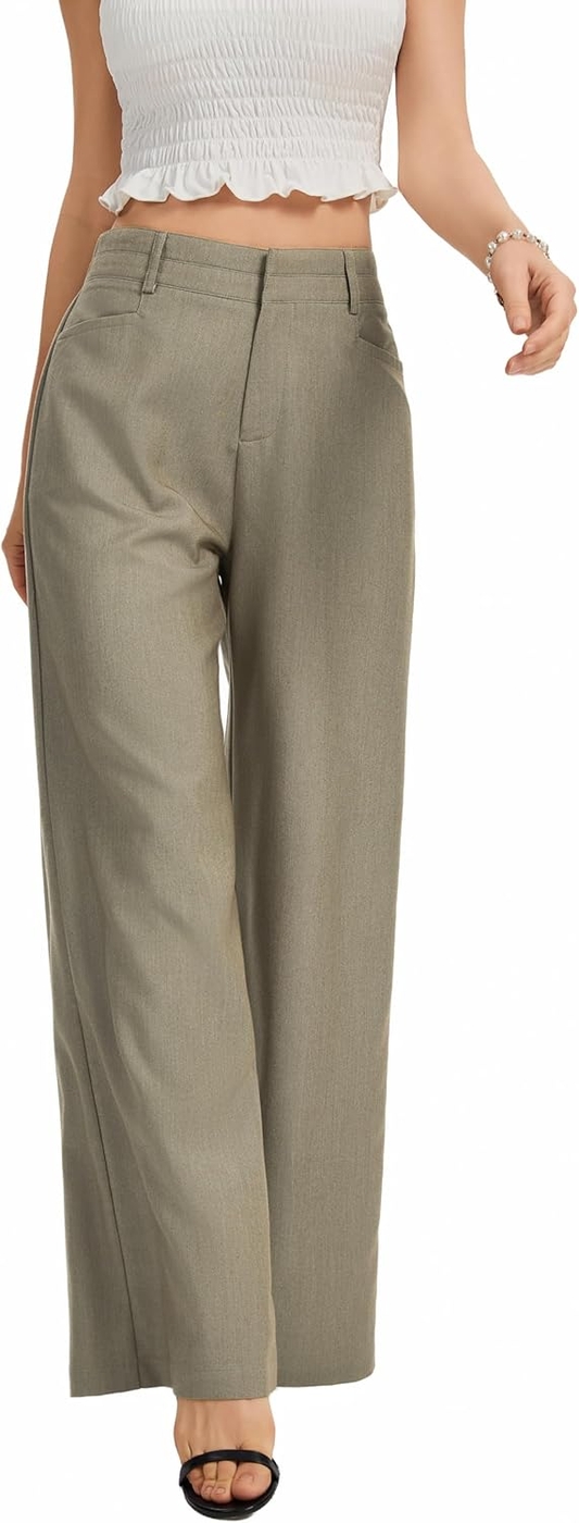 FUNYYZO Womens Wide Leg Pants Casual High Waisted Stretchy Double Waisted Work Business Dress Pant