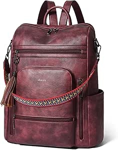 Shrrie Vegan Leather Laptop Backpack for Women 15.6 inch Work Backpack Fashion Travel Backpack Purse for Business College-Two-tone Maroon