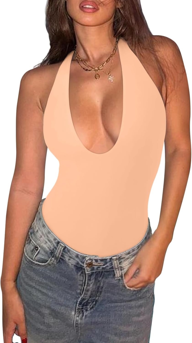 REORIA Bodysuits for Women Halter Tops 2025 Summer V Neck Backless Body Suits Tank Top Trendy Fashion Clothing