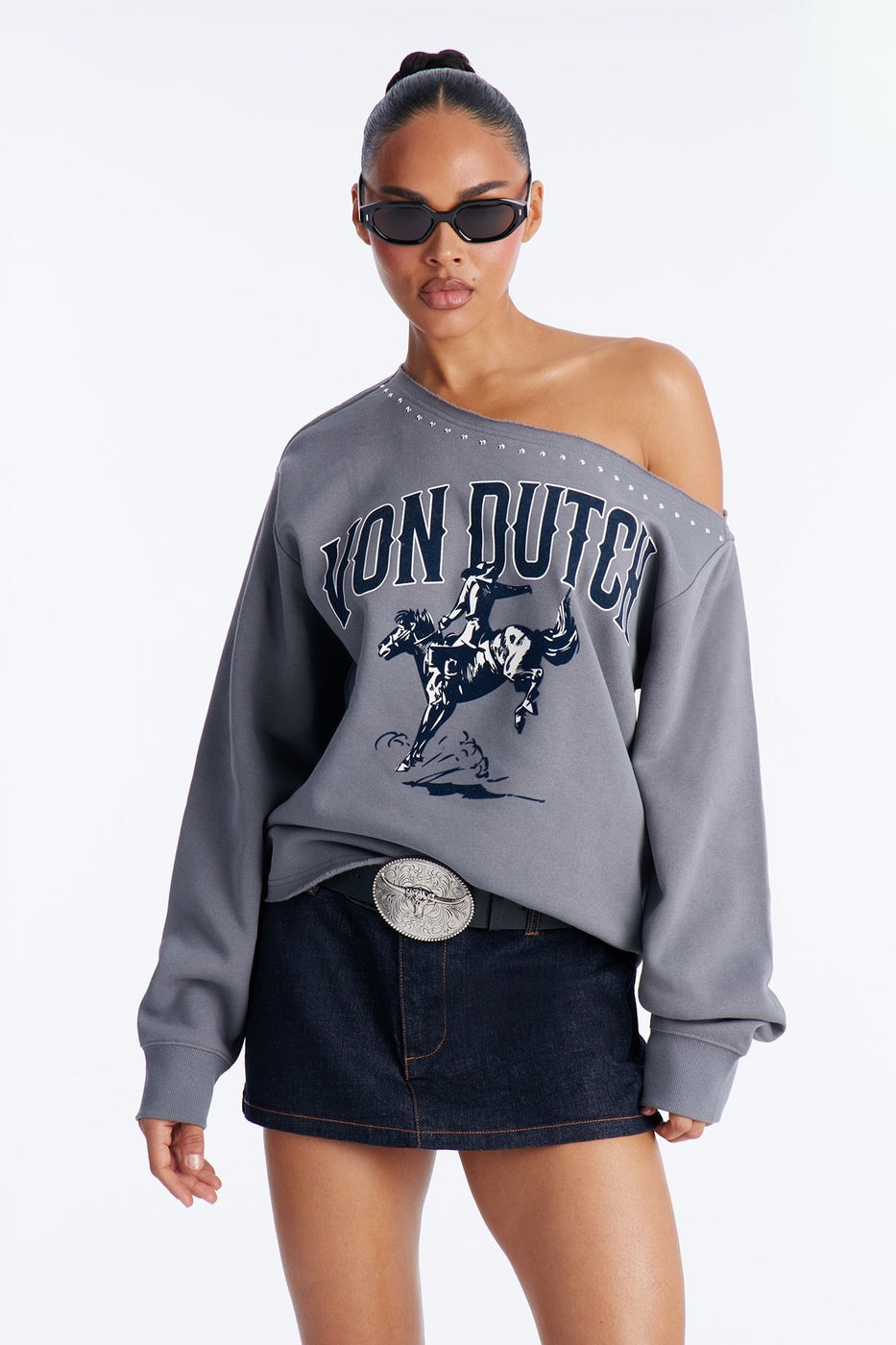 Von Dutch Western Heart Off Shoulder Studded Sweatshirt - Charcoal | Fashion Nova