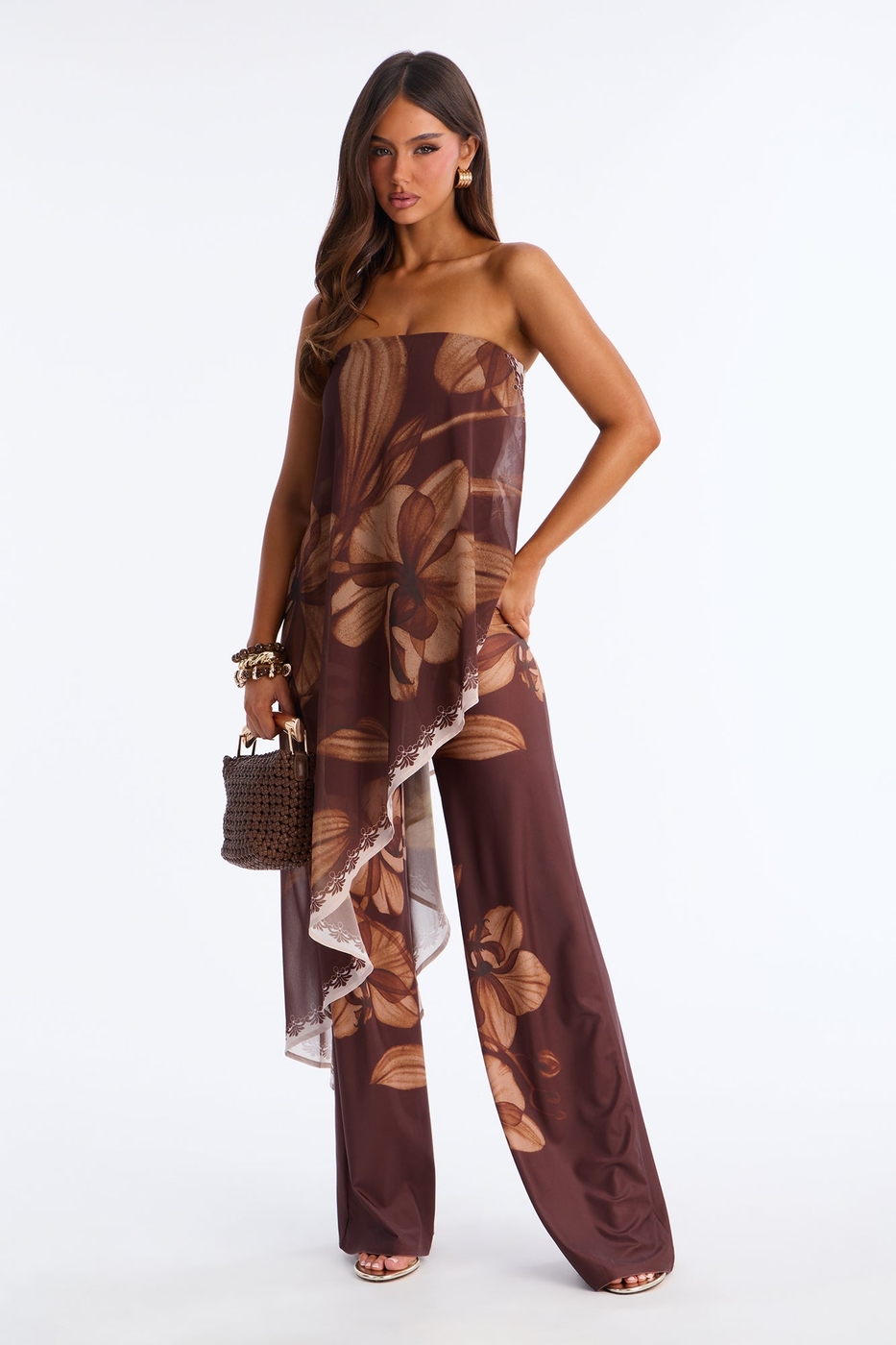 Island Time Asymmetrical Floral Wide Leg Jumpsuit - Brown/combo | Fashion Nova