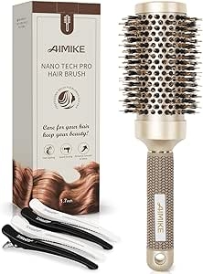 AIMIKE Round Brush, Nano Thermal Ceramic & Ionic Tech Hair Brush, Round Barrel Brush with Boar Bristles for Blow Drying, Styling, Curling, Add Volume & Shine (2.9 inch, Barrel 1.7 inch) + 4 Free Clips