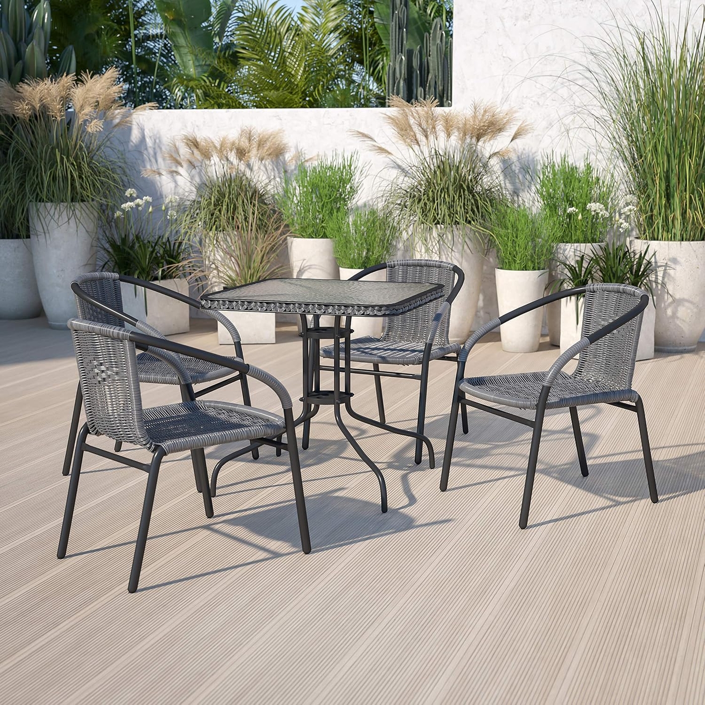 EMMA + OLIVER Set of 4 Modern PE Rattan Stack Chairs, Indoor/Outdoor Patio Dining Chairs, No Assembly Required, Gray