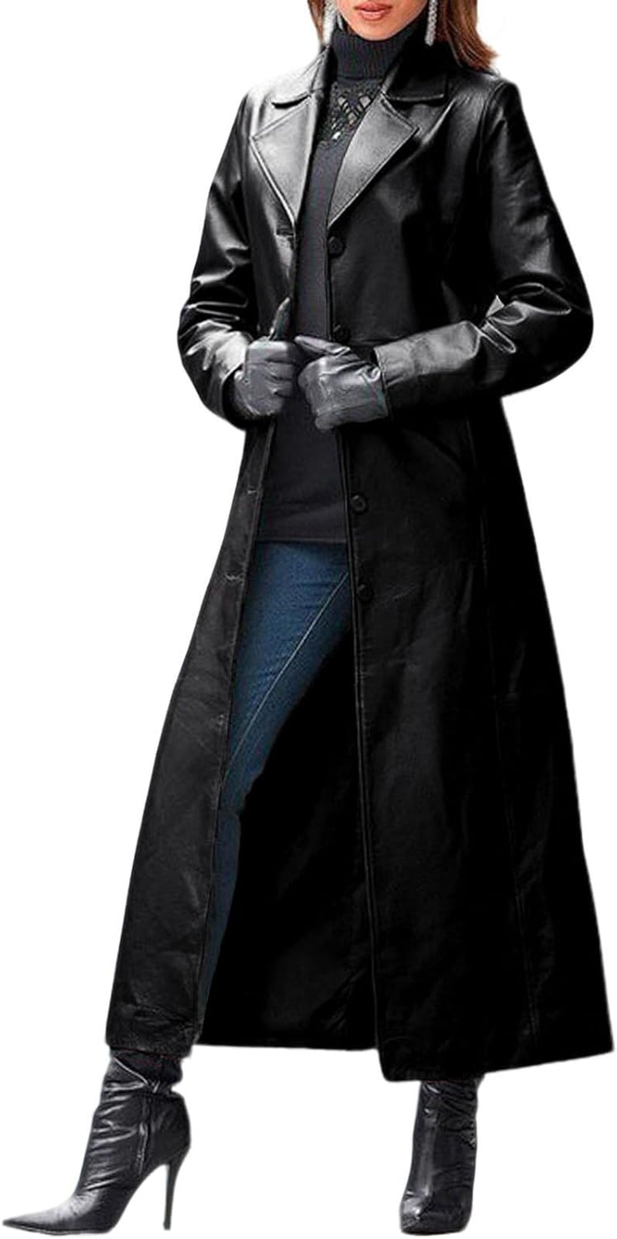 utcoco Womens Faux Leather Trench Coat Classic Lapel Button Down Maxi Jacket 2025 Stylish Overcoat