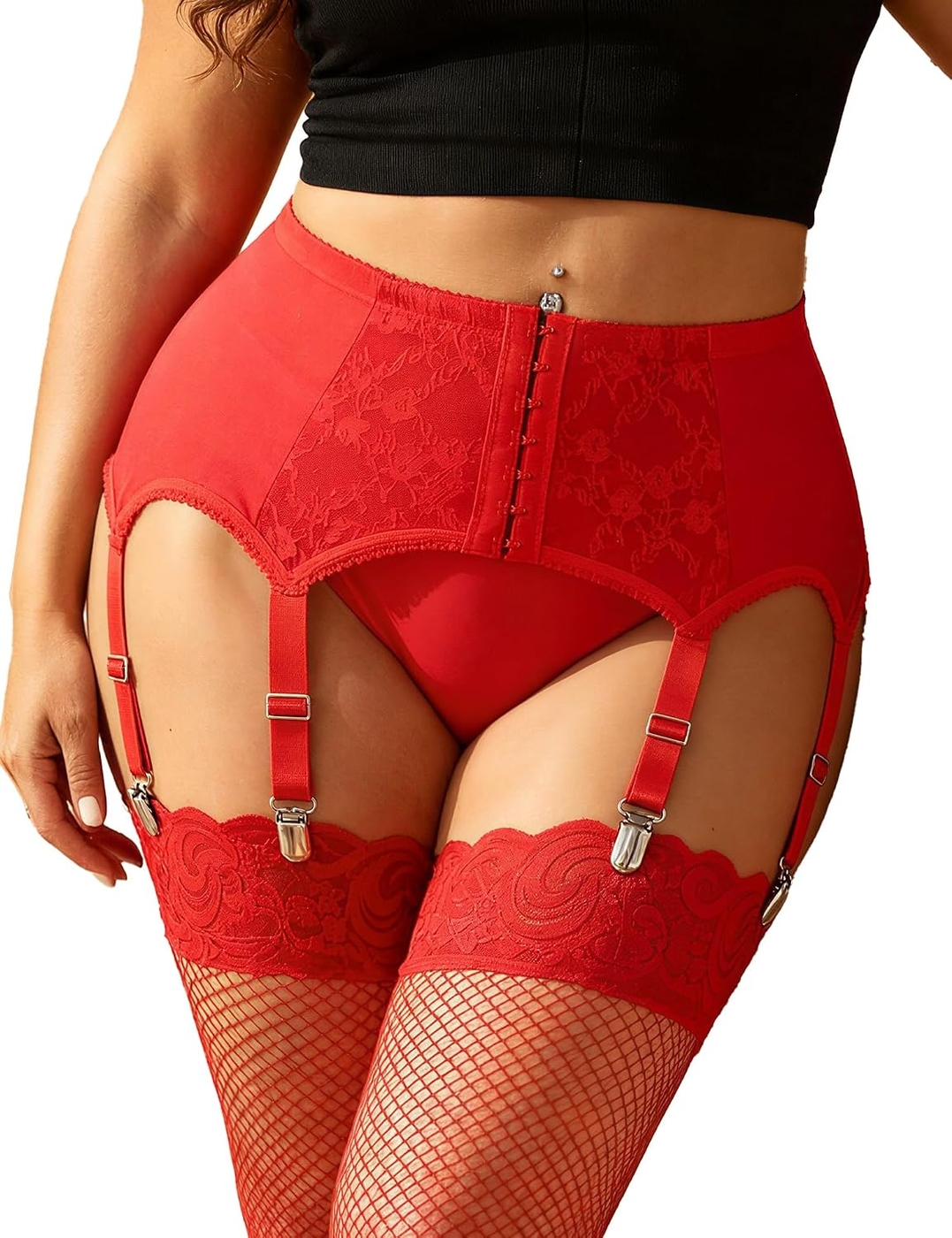 Lace Garter Belts for Thigh Highs Plus Size Suspender Belt Garter Belt Set Sexy Garters Lingerie with 6 Strap Slip