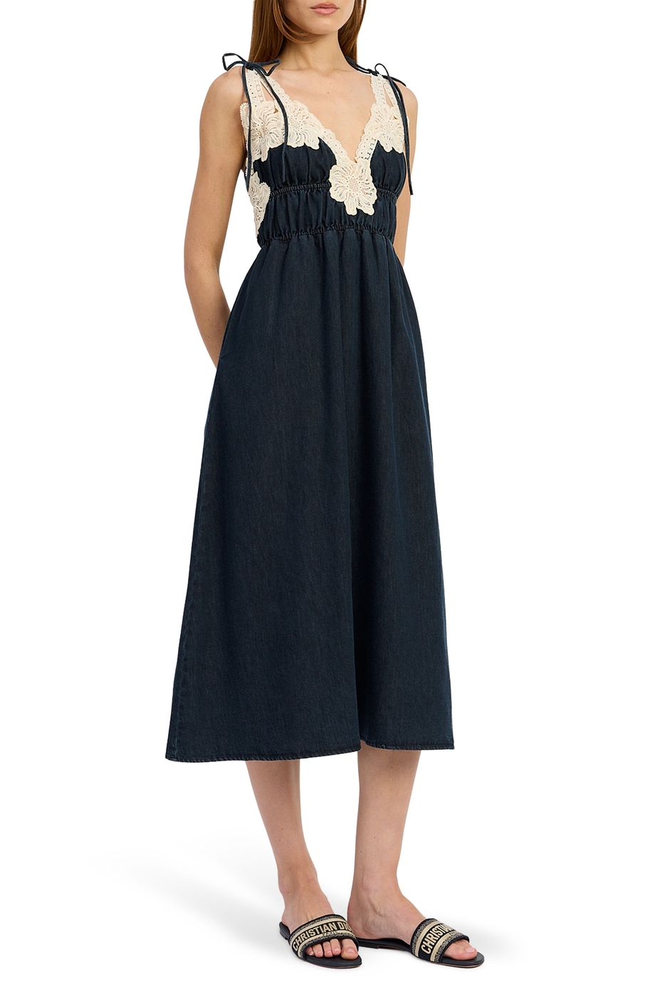 Natalia Lace Trim Shirred Midi Dress