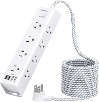 Surge Protector Power Bar - 10 FT Extension Cord, Power Strip with 12 Widely AC Outlet 4 USB, Flat Plug, Wall Mount Overload Protection, 1050J, Desk Charging Station for Dorm Home Office