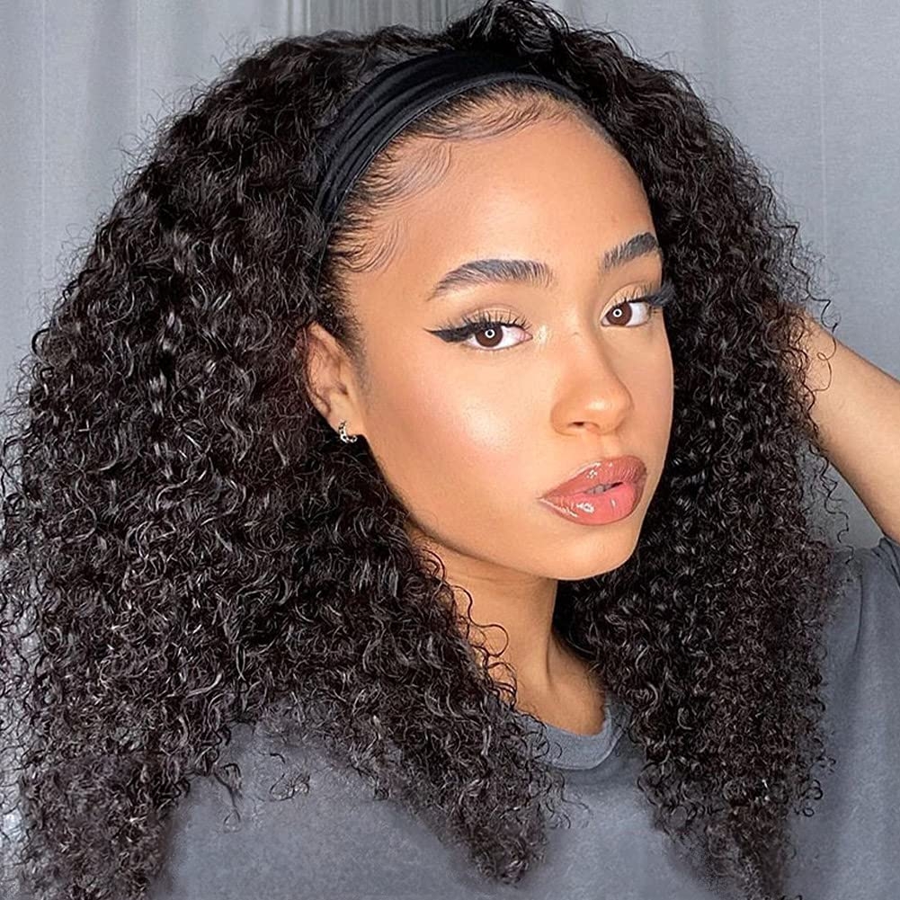 Eooma Curly Headband wig Human Hair 16 inch No Gel Kinky Curly Headband Wigs for Black Women 180 Density Scarf None Lace Front Wigs Human Hair
