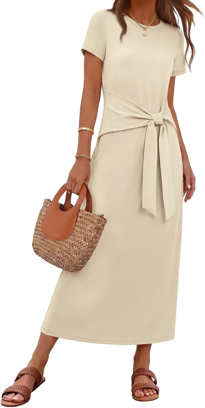 MEROKEETY Women's Summer Maxi Dresses 2026 Casual Spring Short Sleeve Tie Waist Work Beach Vacation T Shirt Long Dress