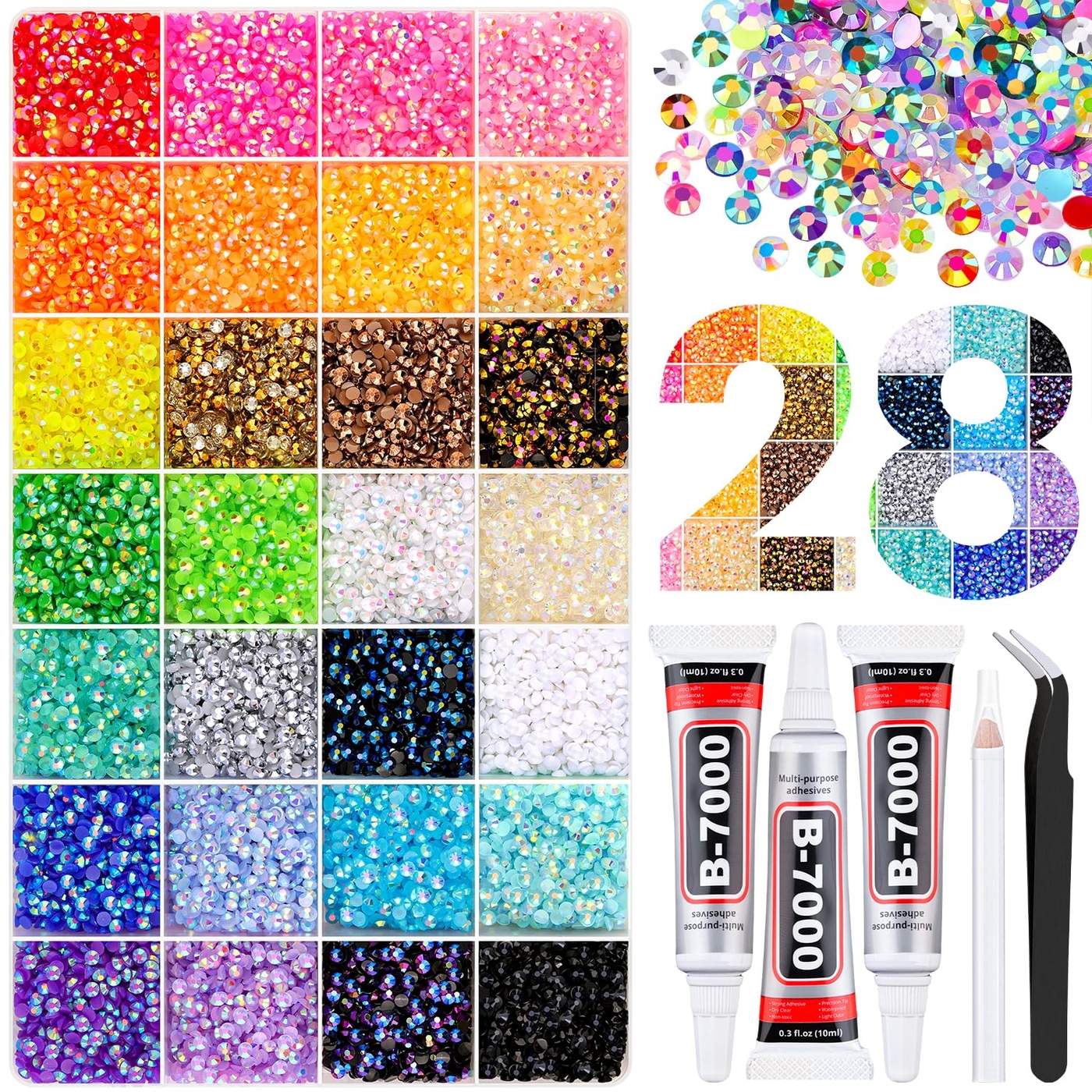 TINKRSTUFF 38000Pcs 3mm Jelly Rhinestones Bedazzling Kit | 28 Colors Flatback Gems with 3Pcs B7000 Jewelry Glue, Diamond Art Tools for Bedazzling Shoes Books Crafts Nail Art