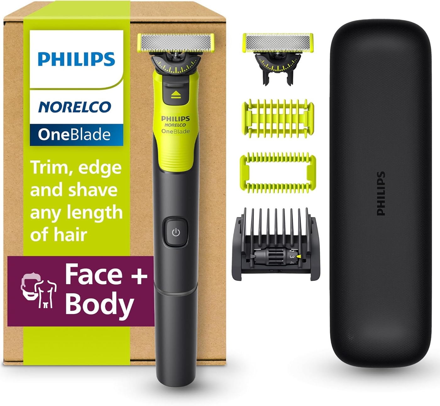 Philips Norelco OneBlade 360 with Connectivity Hybrid Face + Body, Electric Beard Trimmer, Shaver and Body Groomer Kit with 360 Blade Tech, 1x360 Blade, 5-in-1 Comb, Travel Case, Model QP4631/90