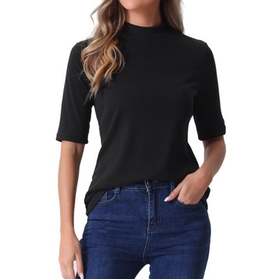 Allegra K Women's Half Sleeve Casual Turtleneck Solid Elastic Soft T-Shirts Black Large