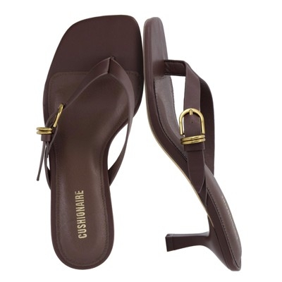 CUSHIONAIRE Marlin Low Kitten Heels for Women, Thong Style Dressy Heeled Womens Sandals with Adjustable Buckle Closure, CHOCOLATE 7.5