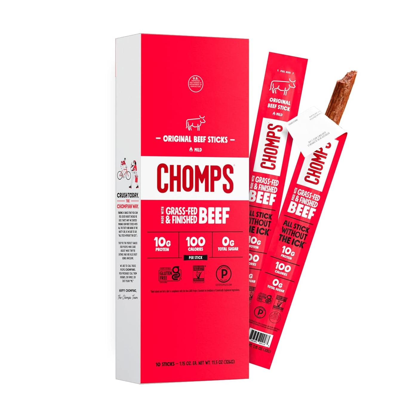 Chomps Original Beef, Grass-Fed & Finished, 10ct, Protein Snack Stick | Grass-Fed And Finished Beef Sticks With Zero Sugar, Keto And Paleo Friendly, Whole30, Low-Carb Snack, 10G Protein