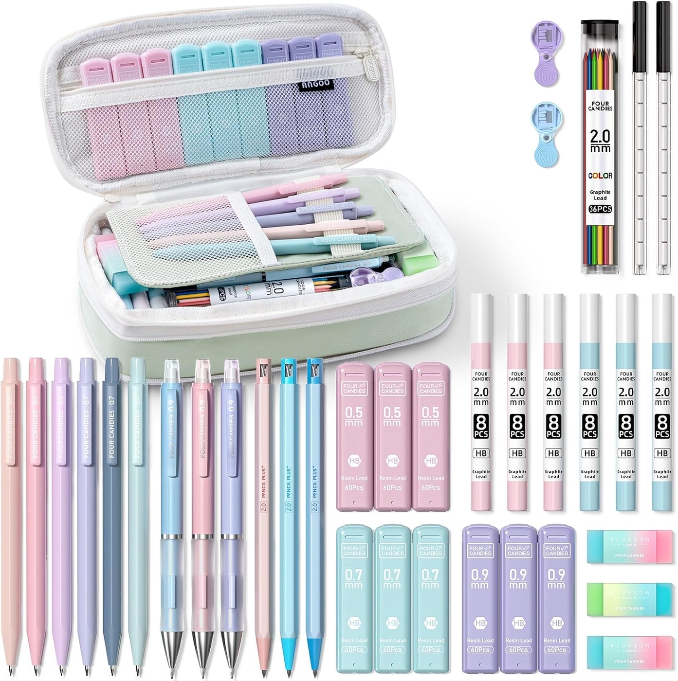 Four Candies 36PCS Mechanical Pencil Set with 624 Lead Refills (Green) | 0.5mm - 2.0mm Mechanical Pencils, Aesthetic School Supplies for Writing, Drawing, Drafting , Note-Taking & Back to School