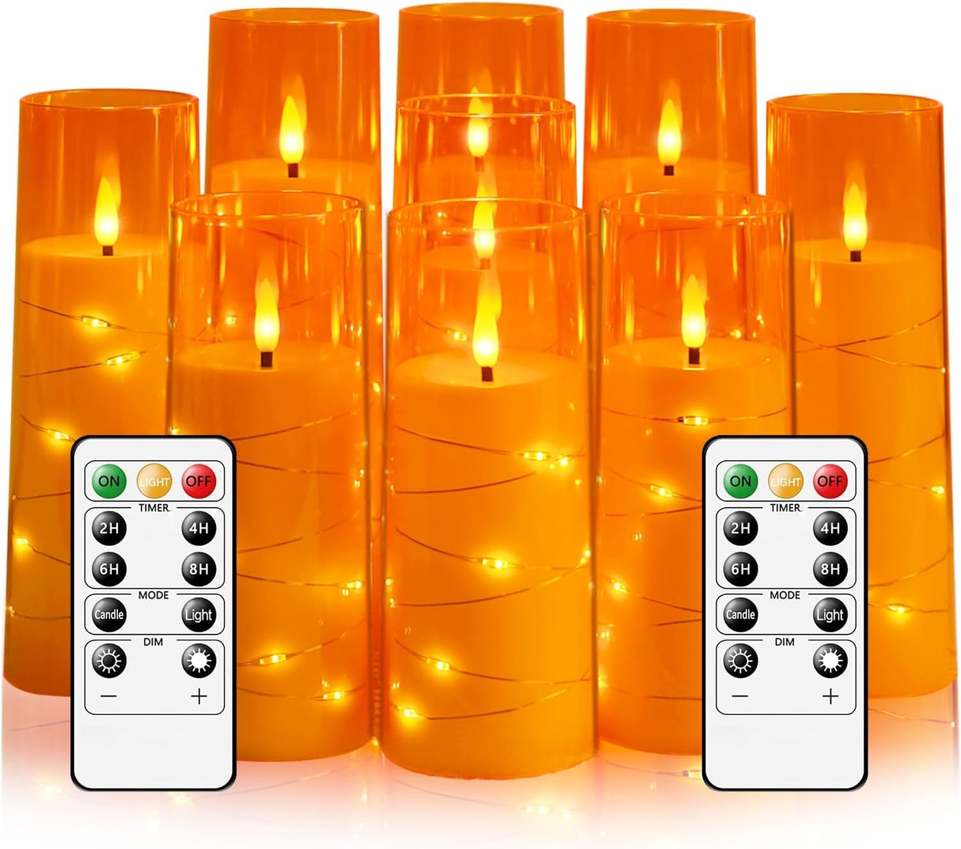 kakoya Flameless LED Candles with Timer 9 Pc Flickering Flameless Candles for Romantic Ambiance and Home Decoration Stable Acrylic Shell,with Embedded Star String，Battery Operated Candles（Orange）
