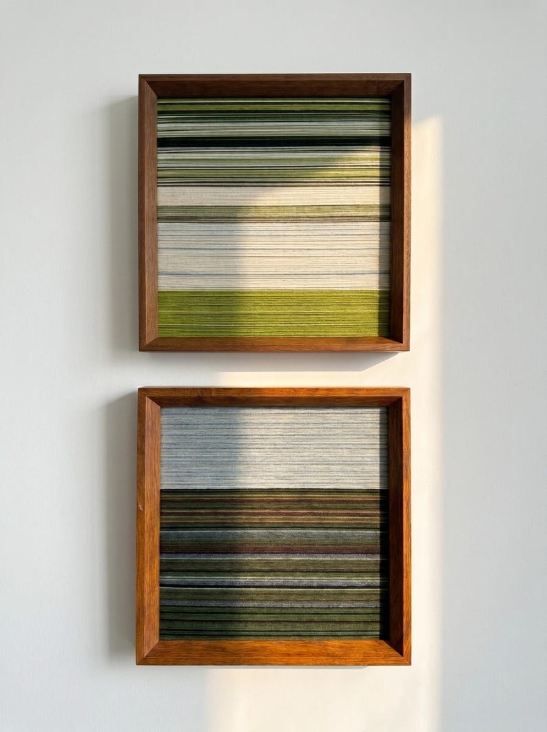Handmade Green Meadow Woven Yarn Painting – Custom Geometric Textile Art - Scandinavian Japandi Home Decor; Eclectic Abstract Wall Art Set