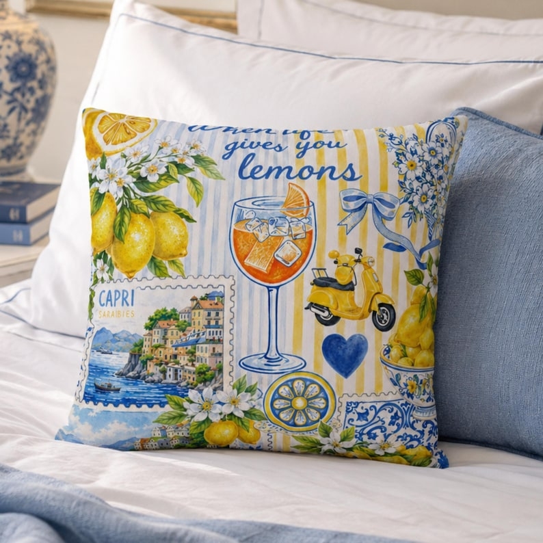 Italian Lemon Pillow Cover Coastal Decor Amalfi Inspired Cushion Cover Summer Home Gift Idea Italian Coastal Home Decor Summer Throw Pillow