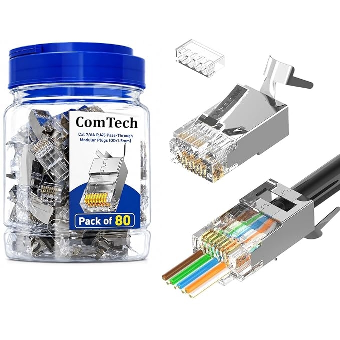 COMTECH Cat7 Cat6A RJ45 Pass Through Connectors (Pack Of 80) Metal Shielded, 8P8C Modular Plug Gen 2 Gold Plated Ethernet Network Cable STP/FTP 23 AWG Tool Connector