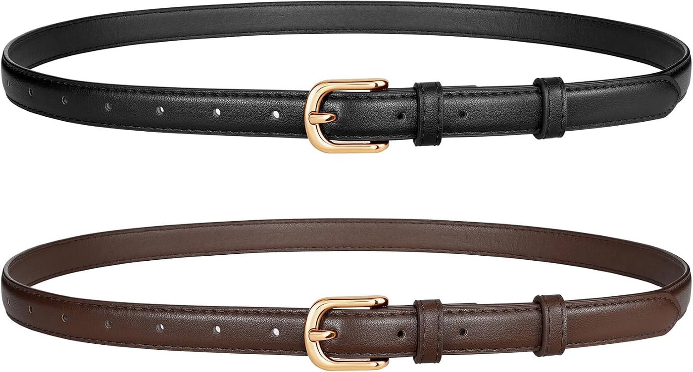 JASGOOD 2 Pack Women Skinny Belt with Gold Buckle Fashion Faux Leather Thin Belt for Jeans Pants