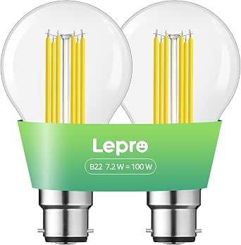 Lepro 1520lm Bayonet Light Bulb A-Rated, 7.2W = 100W, Warm White, Pack of 2