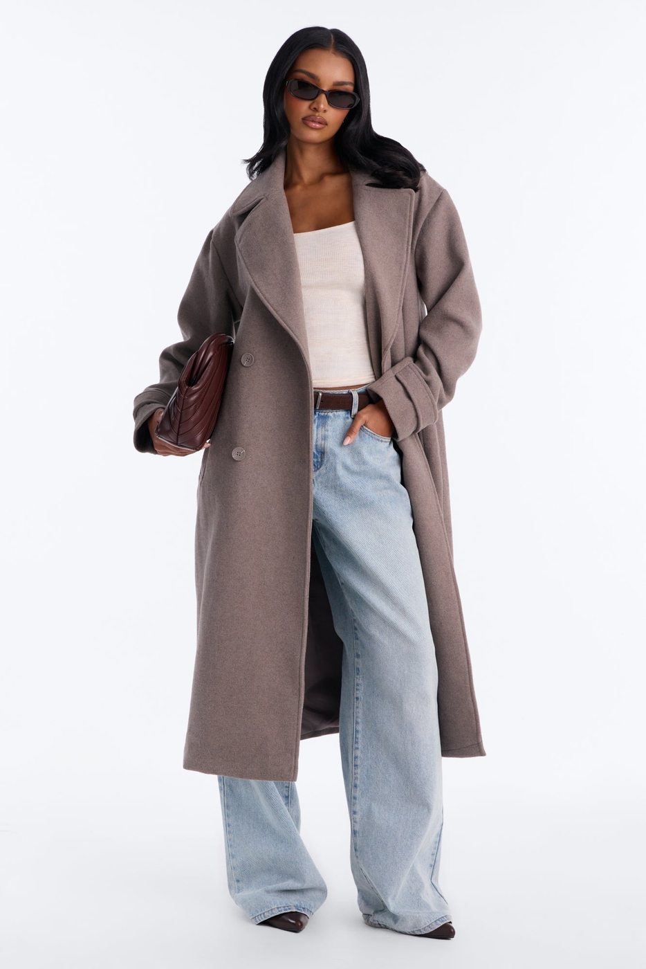 Aria Double Breasted Wool Blend Long Coat